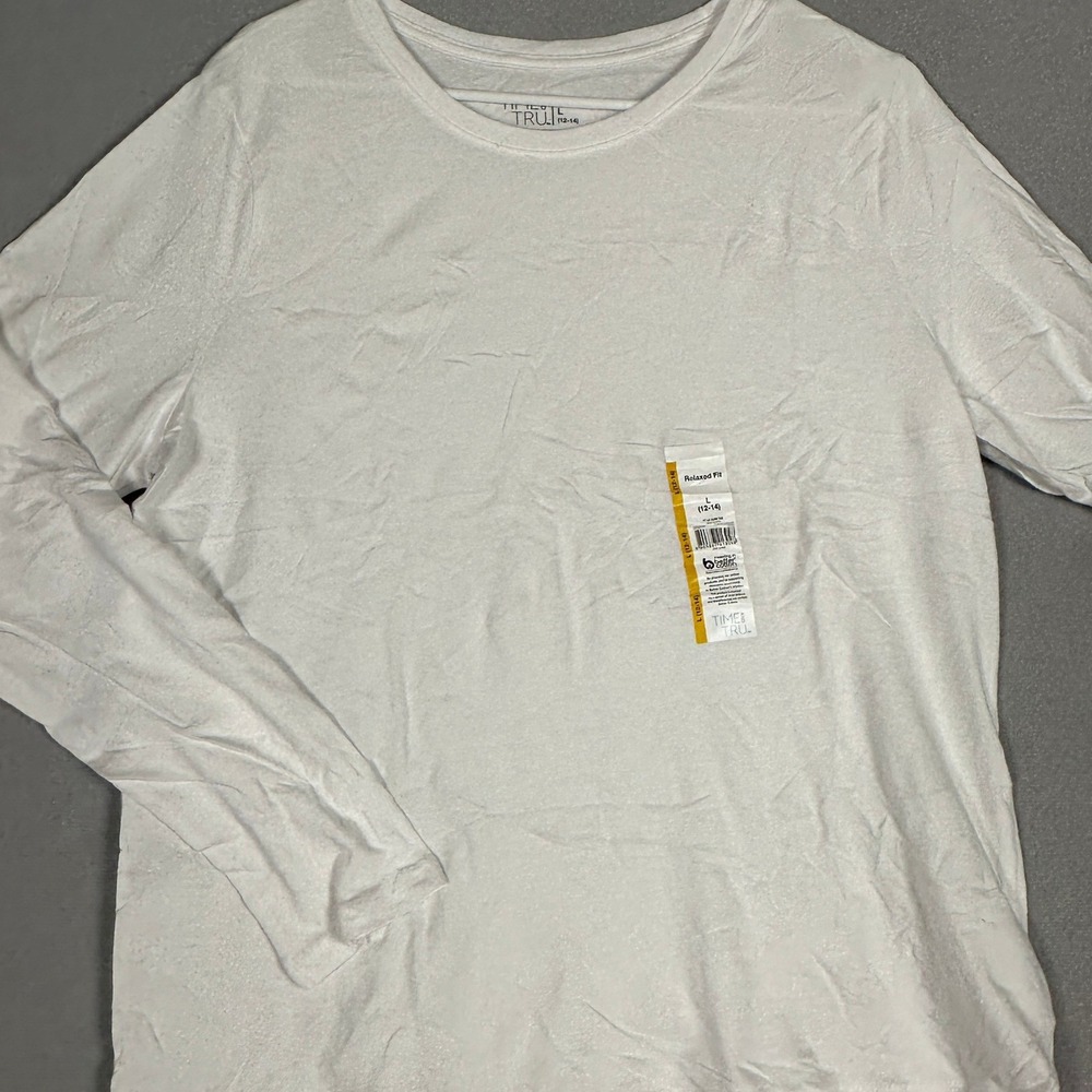 NEW Time And Tru T-Shirt Mens Large Relaxed Fit White Crewneck Long Sleeve Tee